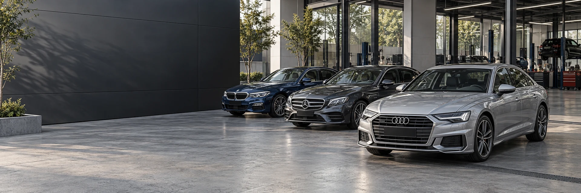 Audi A6, Mercedes-Benz E-Class и BMW 5 Series у современной сервисной зоны — иллюстрация автомобильного сервиса