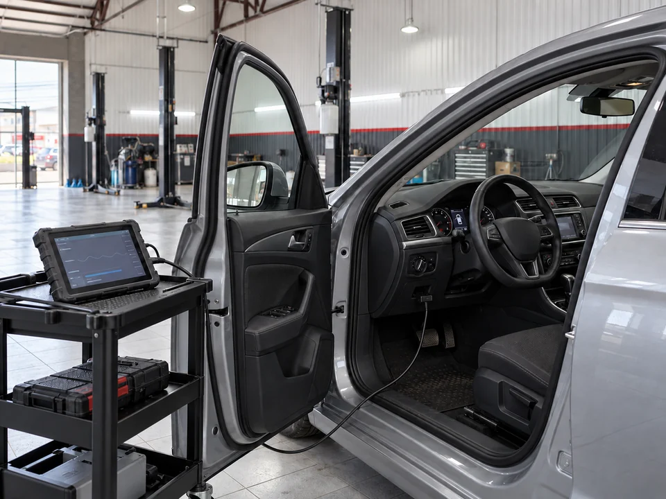 Компьютерная диагностика OBD-II в помещении СТО №1 — фотореалистичная иллюстрация