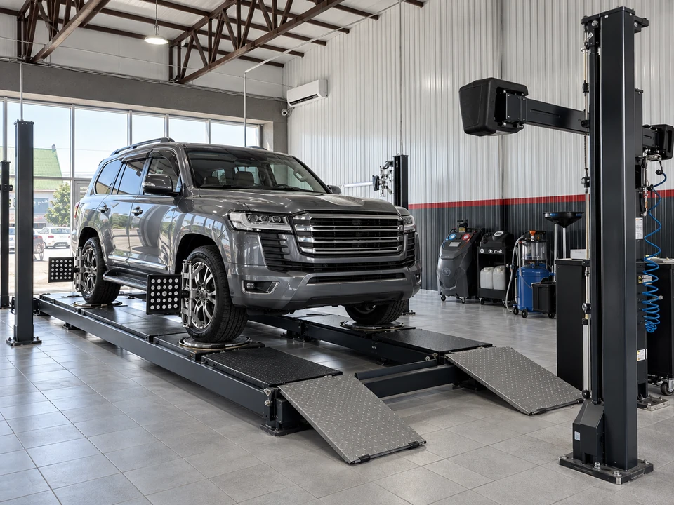 Развал-схождение: SUV / 4x4 / до 5 тонн в помещении СТО №1 — фотореалистичная иллюстрация