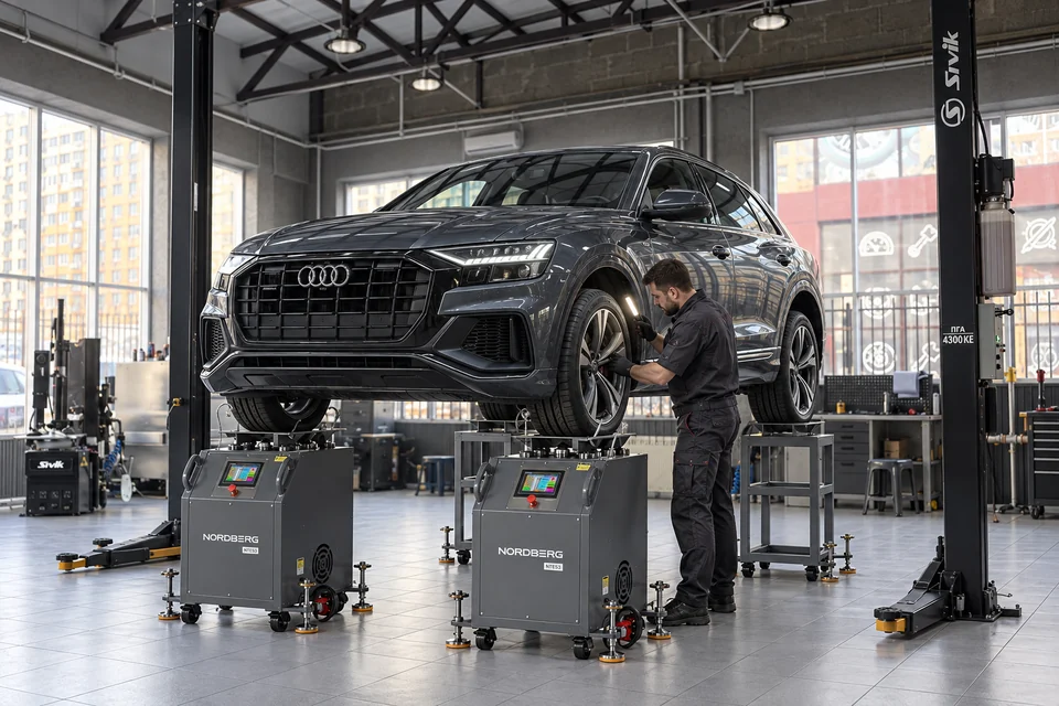 Иллюстрация диагностики Audi Q8 на вибростенде в помещении СТО №1